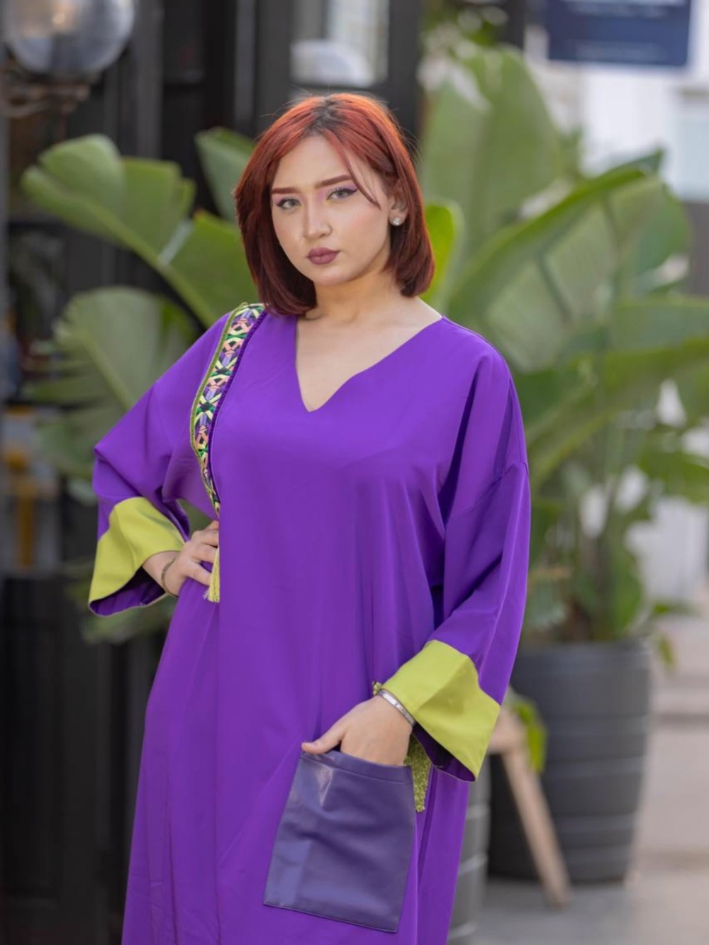 V-Neck Purple Women's Tunic with Lime Cuff Accents